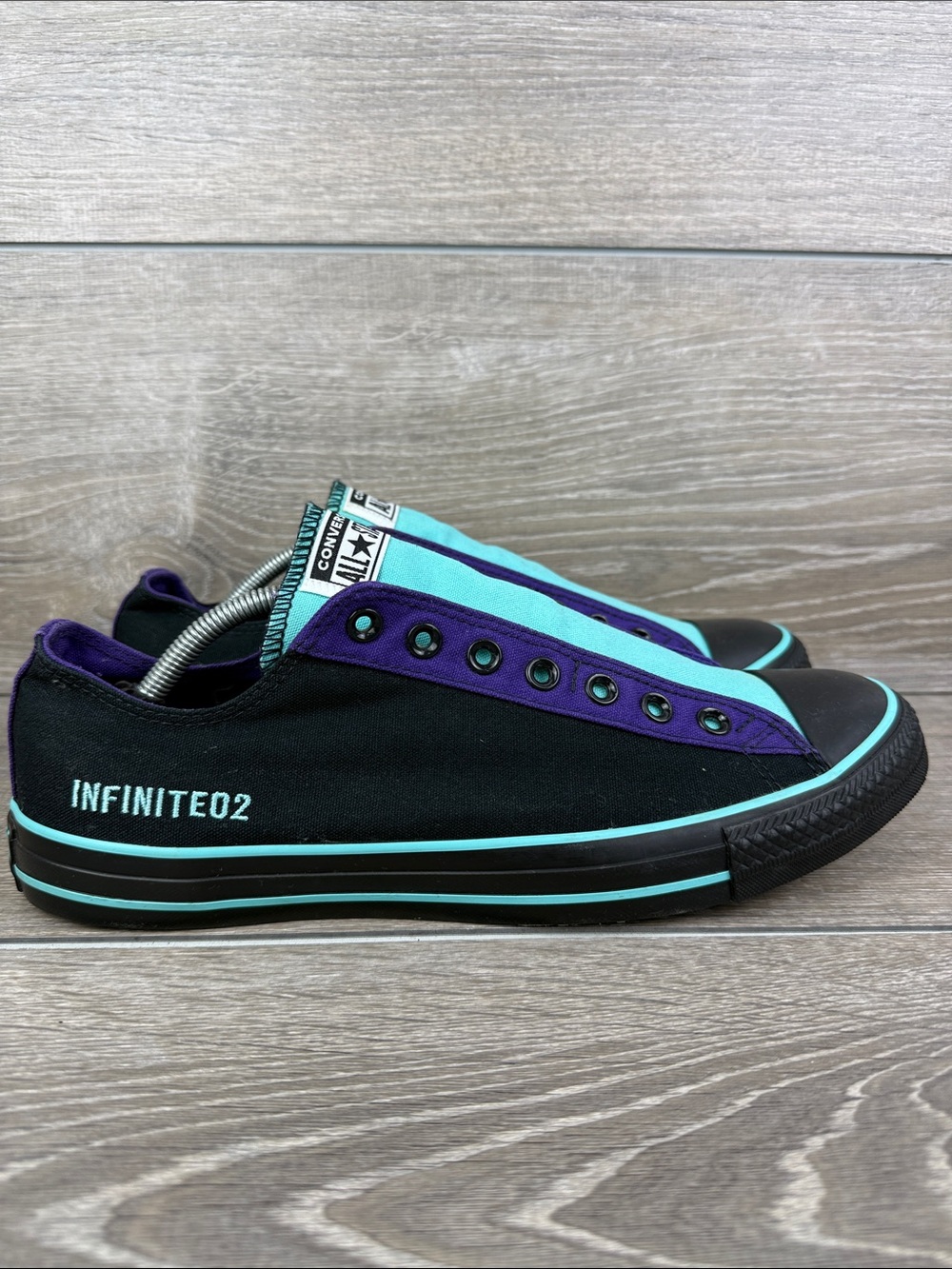 Converse All-Star Men’s Sz 11 Black Canvas Teal Purple Low Top No Lace Sneakers